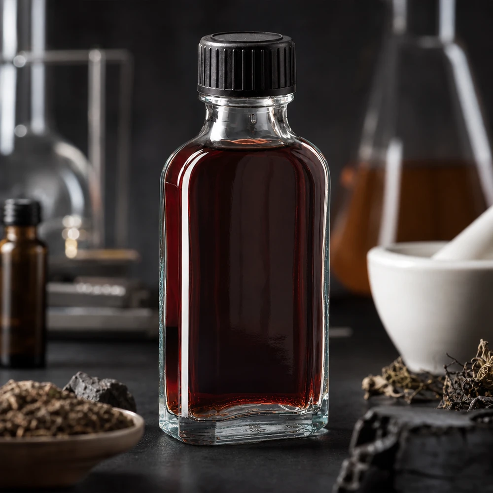 Flacone di vetro Meplat trasparente da 50 ml con contenuto rosso e disco di tenuta in EPE in ambiente di laboratorio