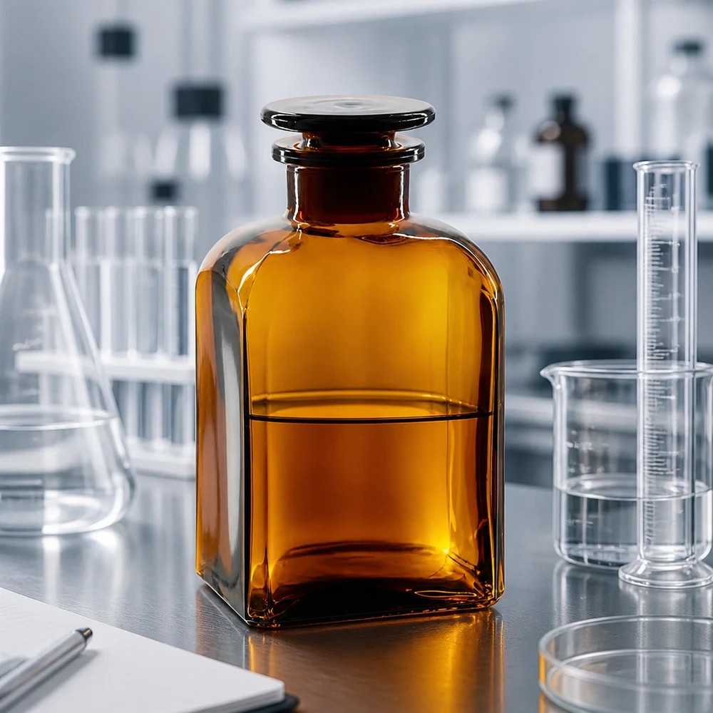 Bottiglia quadrata 500ml marrone a collo largo con tappo in vetro Fiaschetta da laboratorio a collo largo da 500 ml, marrone, di forma quadrata, con tappo di vetro, circondata da strumenti da laboratorio