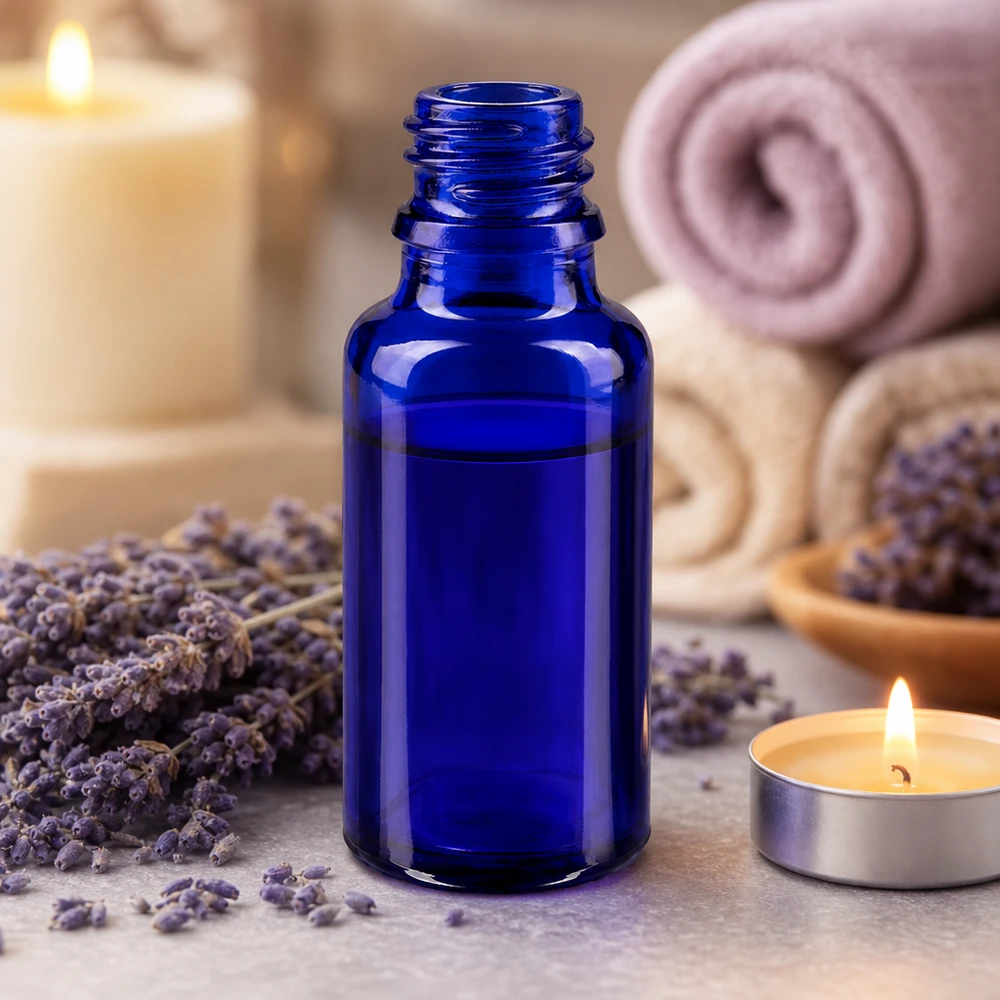 Pratico flacone da 20 ml in vetro blu di qualità farmaceutica per cosmetici e rimedi naturali