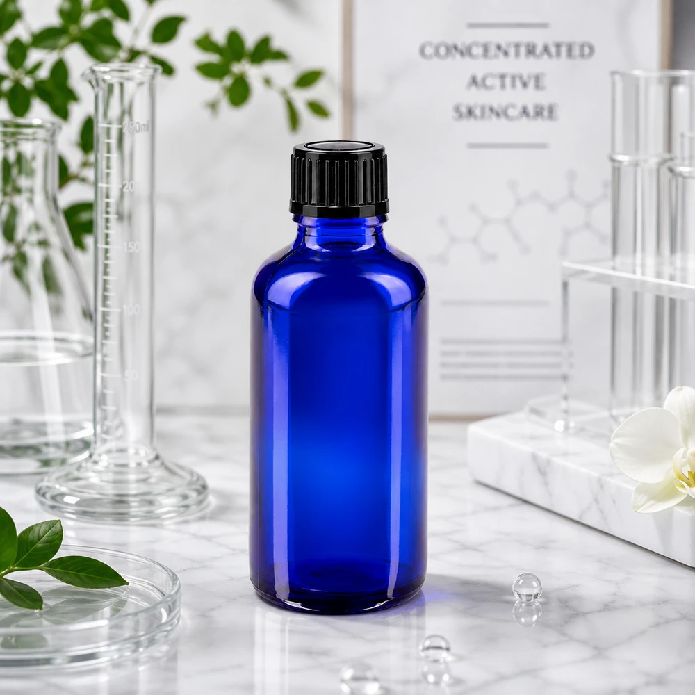 Flacone da farmacia blu da 50 ml con tappo contagocce nero in un ambiente di laboratorio con matracci di vetro