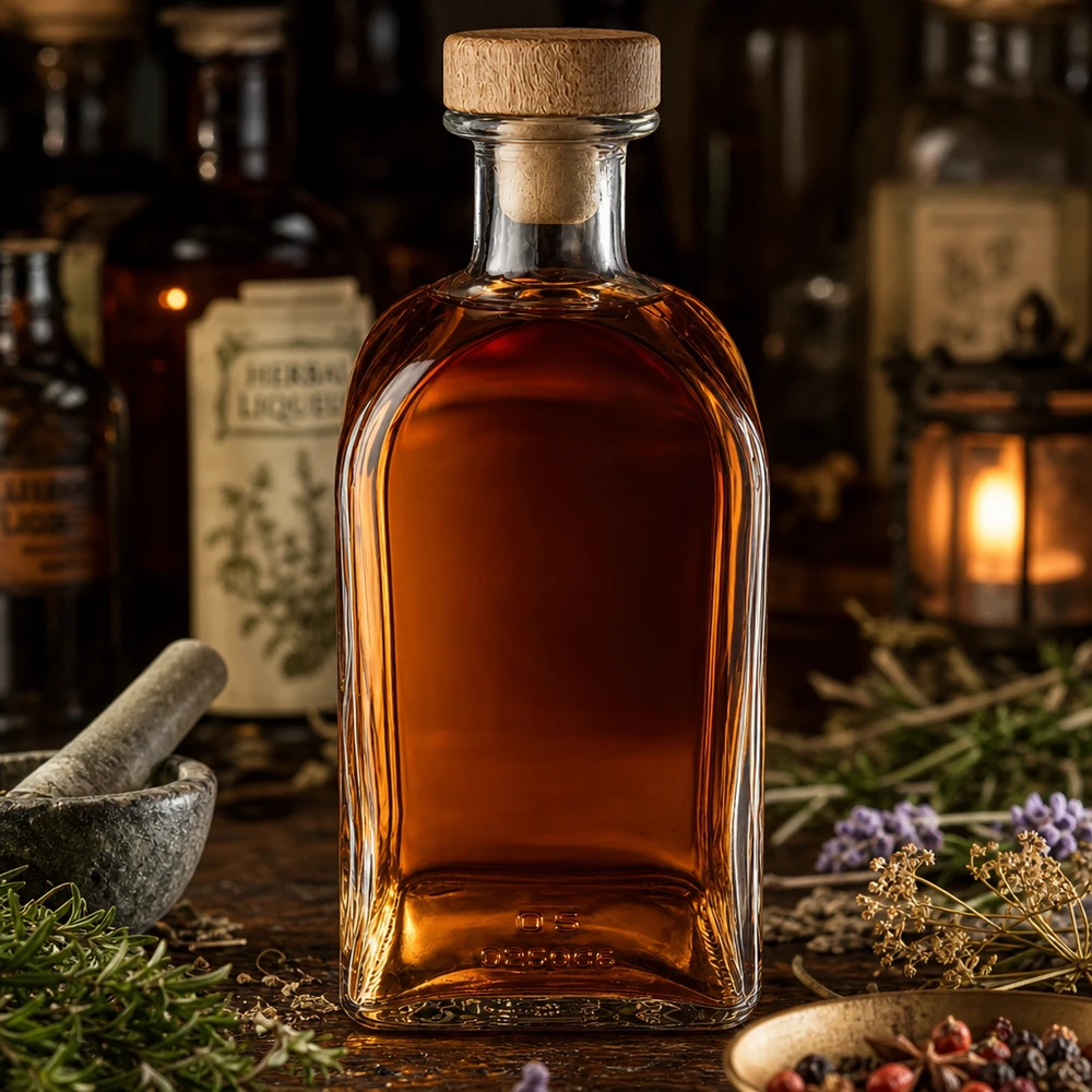 Bottiglia in vetro Julia da 500 ml con tappo in legno riempita di liquore alle erbe in un'antica farmacia tra mortaio ed erbe medicinali