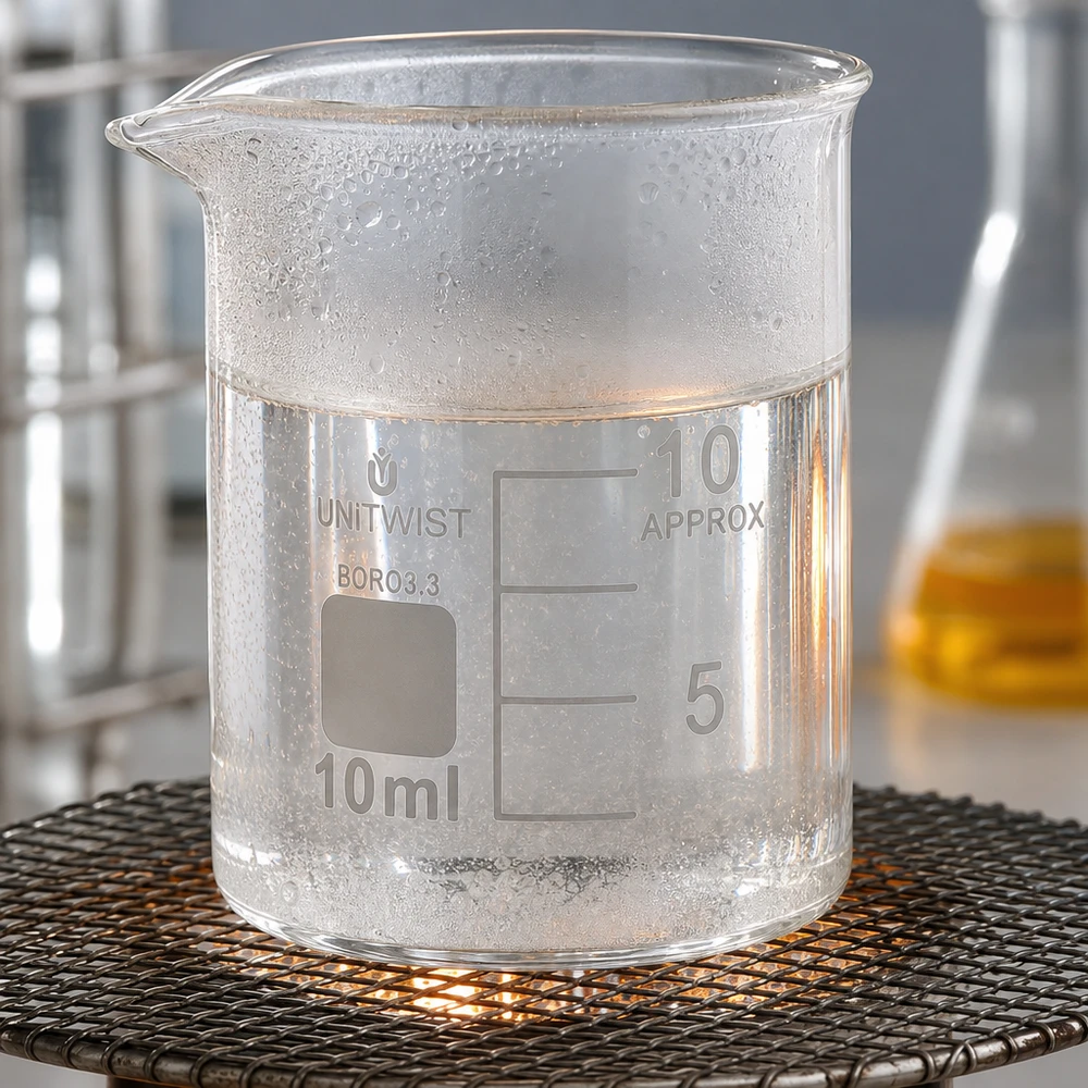 Piccolo becher da 10 ml contenente un liquido trasparente, riscaldato su una rete metallica sopra la fiamma del bruciatore