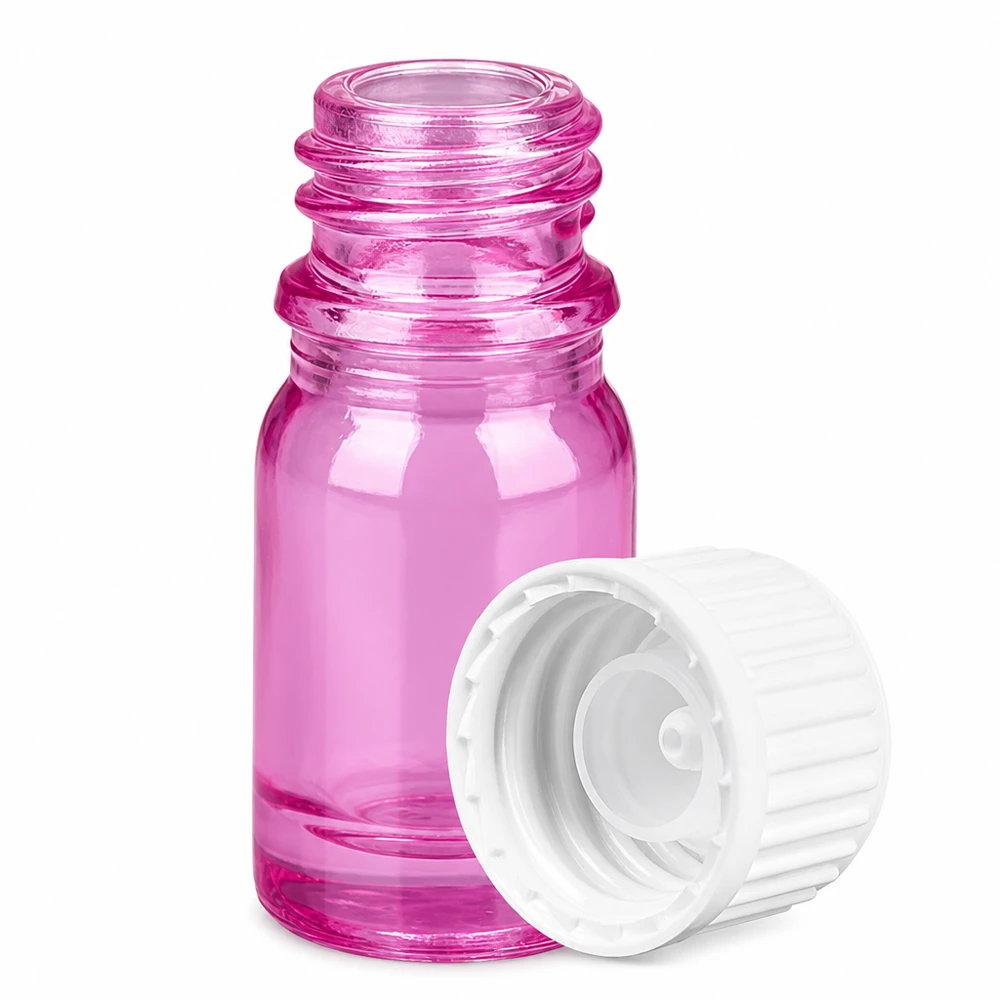 Flacone da 5 ml (globuli) con anello di versamento bianco standard PurpleLine UT18/5 Flacone in vetro traslucido viola da 5 ml con coperchio bianco per oli profumati