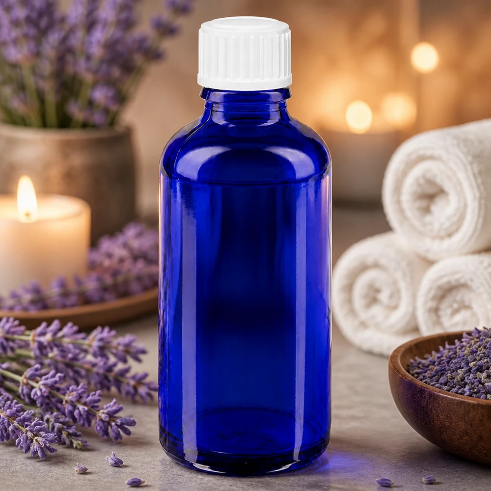 Flacone contagocce blu da 50 ml ApoGlas con tappo a vite bianco, accanto a fiori di lavanda e candele