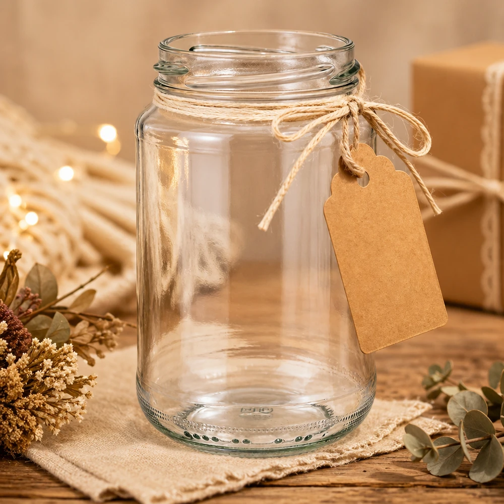 UNiTWIST Runda375 - Barattolo rotondo capacità 375ml TO63 UNiTWIST Runda375 bicchiere rotondo 375ml TO63 con etichetta in carta kraft come confezione regalo in una scena decorativa rustica