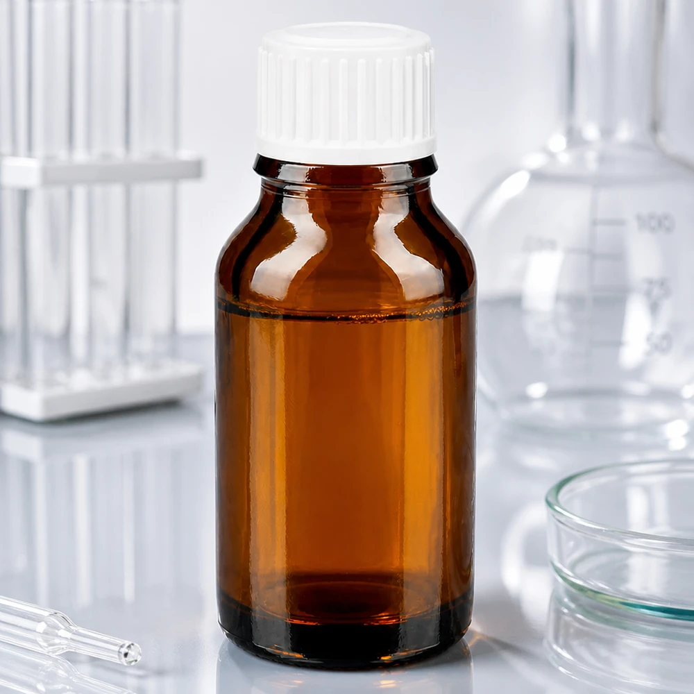 Piccolo flacone marrone per medicinali da 30 ml con tappo bianco standard in ambiente di laboratorio