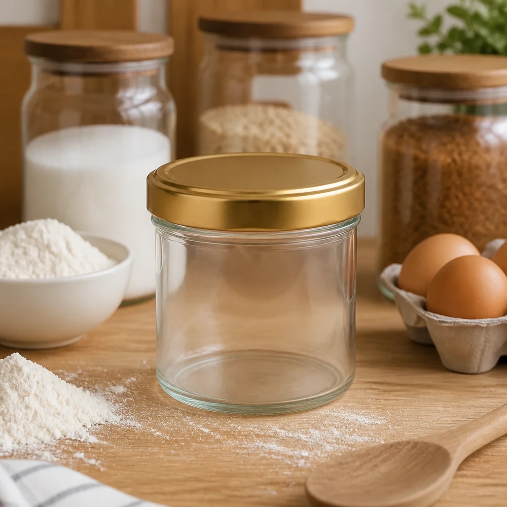 Barattolo cilindrico da 230 ml con coperchio dorato BasicSeal in cucina con farina, uova e barattoli per la conservazione Accessori per la panificazione