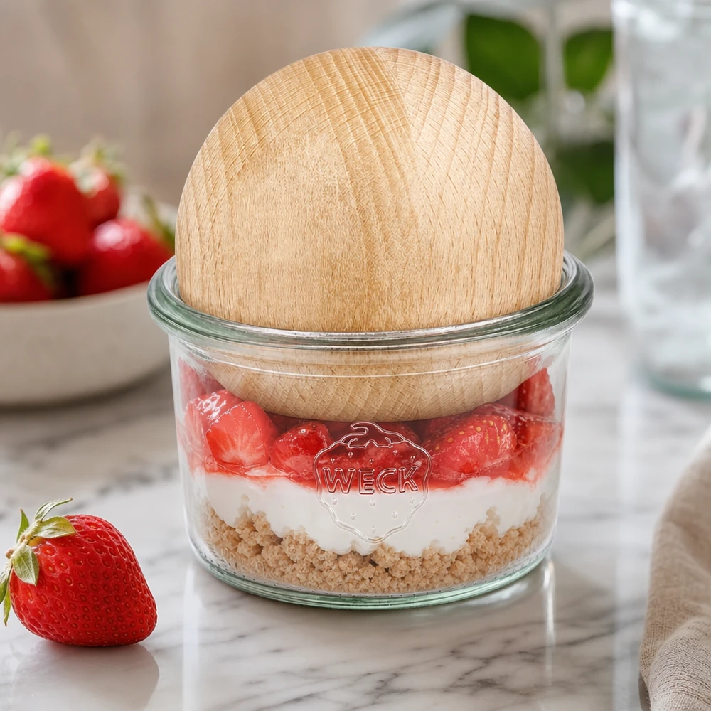Bicchieri da 200 ml WECK RR80 con sfera di legno di faggio Bicchieri WECK 200ml RR80 con sfera di faggio come vaso da dessert per dessert a strati di fragole su un tavolo di marmo