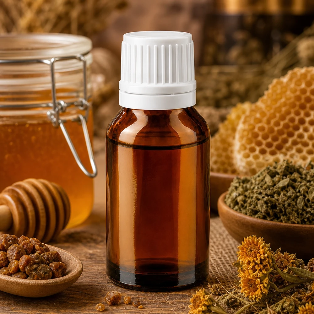 Flacone in vetro ambrato da 30 ml con tappo a vite bianco, tra favi di miele ed erbe medicinali