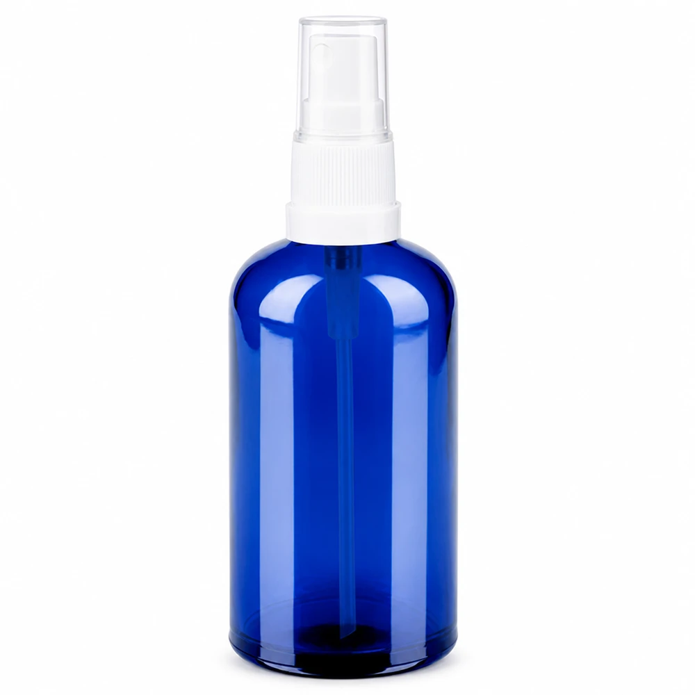 Flacone spray da 100 ml bianco/trasparente STD BlueLine UT18/100 Flacone in vetro blu da 100 ml con testina bianca per cosmetici e aromaterapia