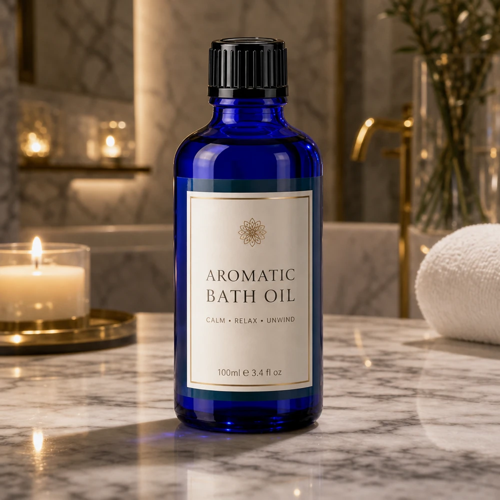 Flacone di vetro blu da 50 ml con tappo contagocce nero in un elegante ambiente da bagno in marmo