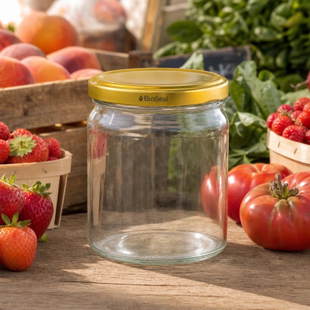 UNiTWIST Runda408 con coperchio dorato. Coperchio TO82 BioSeal UNiTWIST Runda408 vaso da conserva vuoto con coperchio BioSeal dorato tra fragole e pomodori freschi su un tavolo di legno
