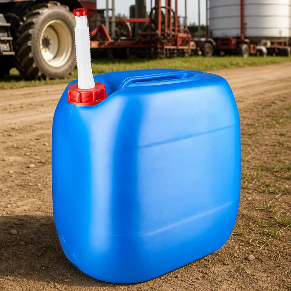 Tanica 30 litri blu con tubo di uscita Flex Tanica agricola blu da 30 litri con tappo rosso e tubo di scarico, davanti a un trattore su una strada di campagna