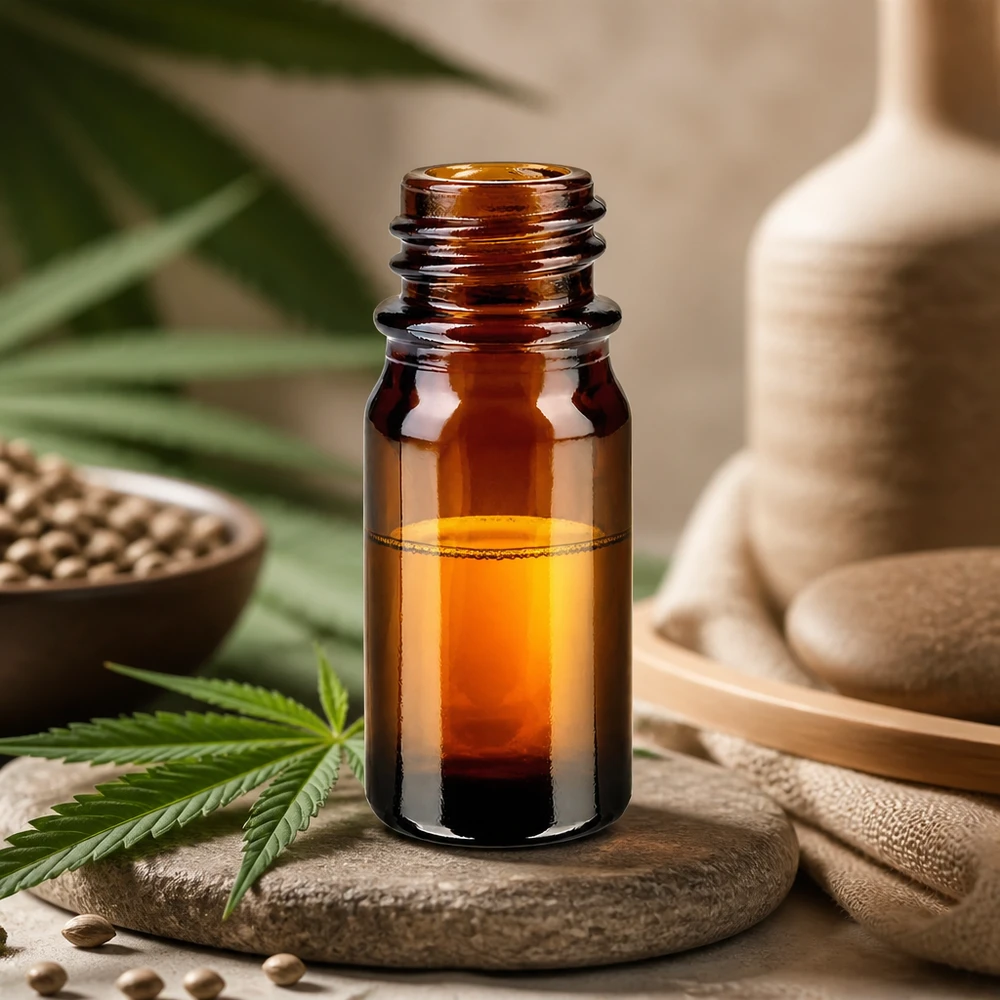 Flacone farmaceutico marrone da 5 ml ApoGlas Bottiglia da farmacia marrone da 5ml ApoGlas con foglie di cannabis, semi di canapa e decorazione in bambù per olio di CBD