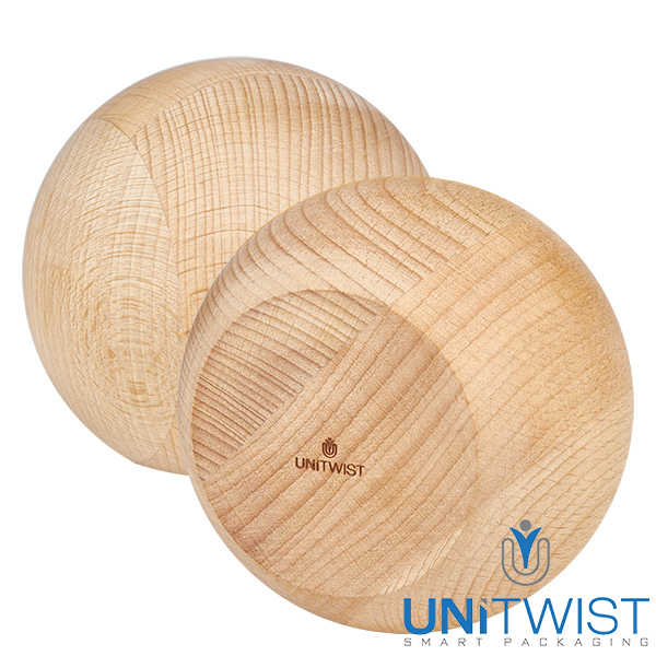 Bicchieri da 580 ml WECK RR100 con sfera di legno in faggio Coperchio a sfera in legno di faggio per vaso WECK RR100 1062ml - Vista dettagliata delle venature del legno naturale e del logo UNITWIST