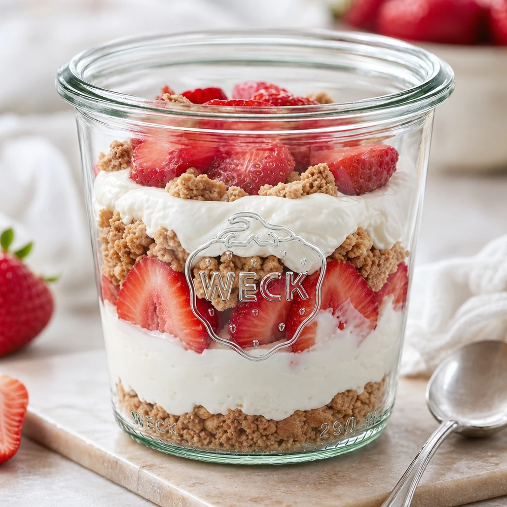WECK 290ml tumbler RR80 riempito con dessert alla fragola a strati biscotti yogurt vaso di conservazione alto