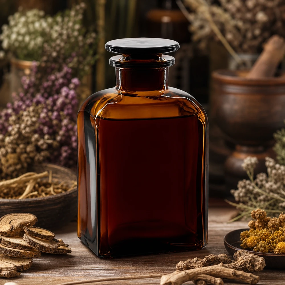 Bottiglia quadrata 500ml marrone a collo largo con tappo in vetro Fiaschetta da laboratorio marrone da 500 ml con collo largo e tappo di vetro piatto, circondata da erbe medicinali essiccate