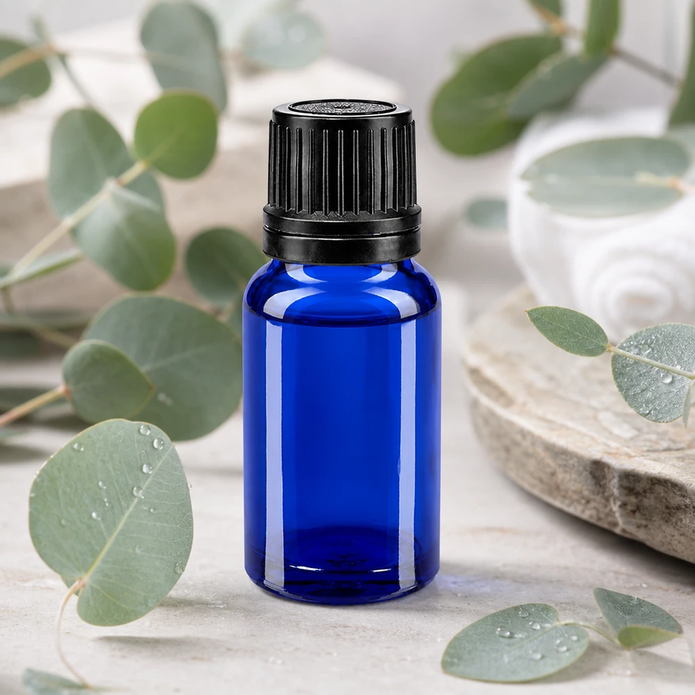 Flacone da 10 ml blu cobalto con tappo a vite nero e contagocce da 1 mm per oli essenziali