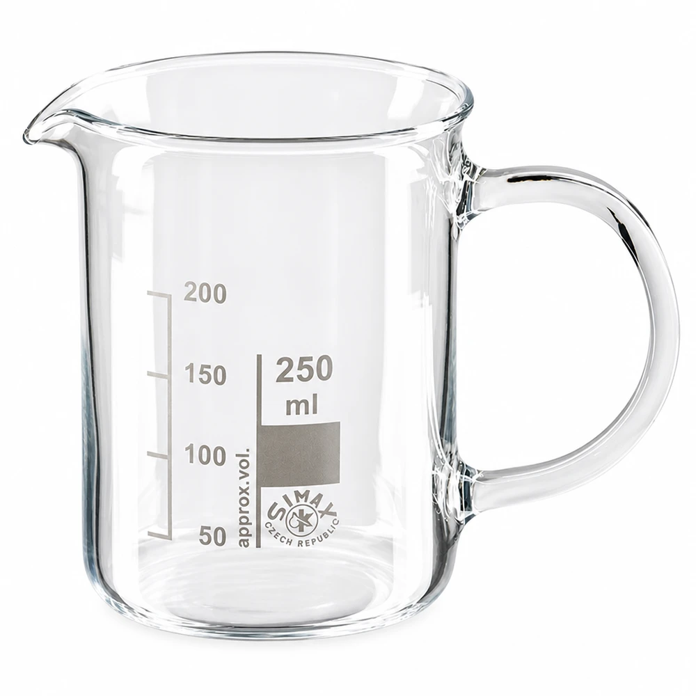 Bicchiere da laboratorio da 250 ml in vetro borosilicato con manico e scala graduata in millilitri su sfondo bianco