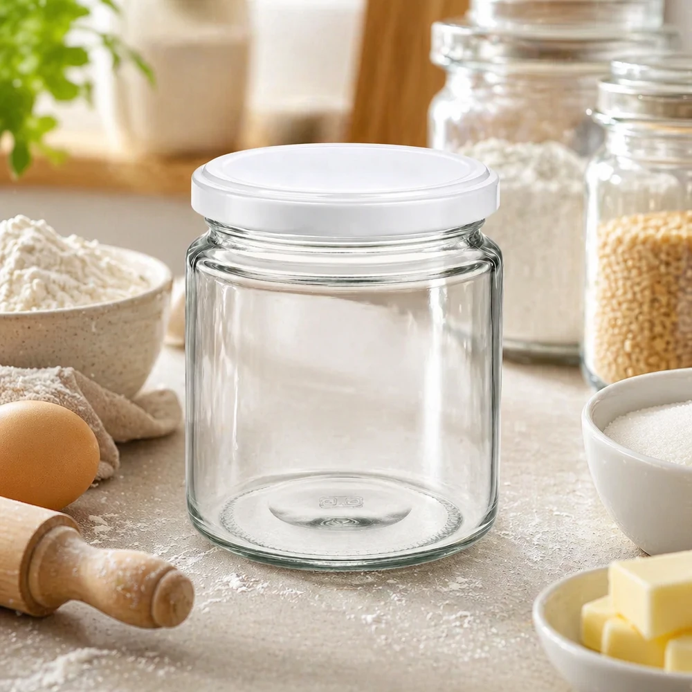 Vasetto per miele da 350 g con capsula bianca BasicSeal UNiTWIST Vasetto di miele da 250 ml vuoto con coperchio bianco UNiTWIST in cucina tra farina, uova e utensili da forno