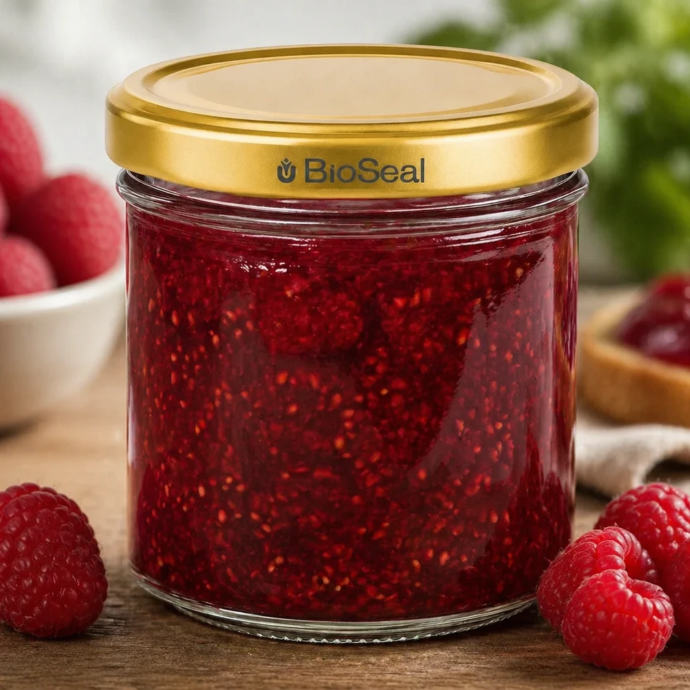 Vasetto per miele da 200 g con capsula dorata BioSeal UNiTWIST Barattolo BioSeal da 200 g riempito di marmellata di lamponi e circondato da lamponi freschi su una base di legno.