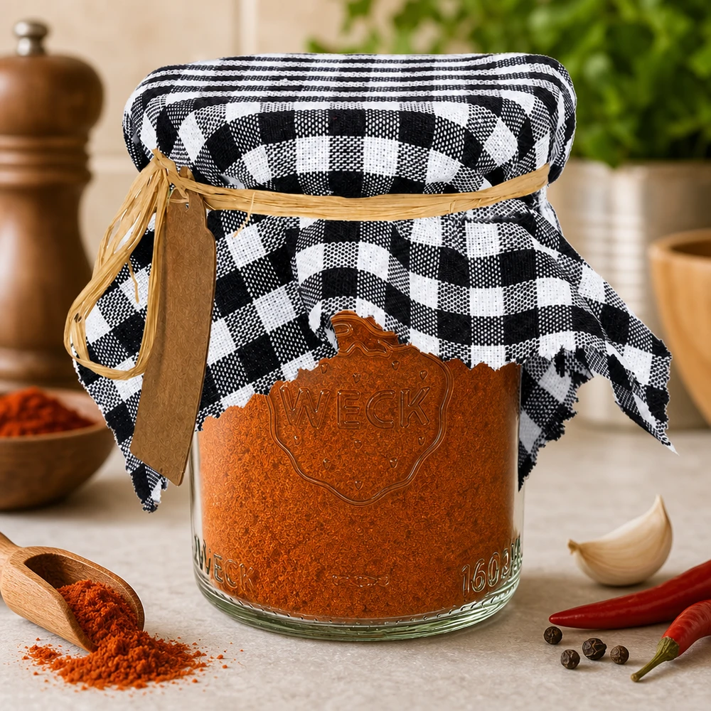 Centrino a scacchi bianchi e neri con spezie alla paprika in un barattolo da conserva Decorazione da cucina con peperoncino e aglio 15 cm quadrati