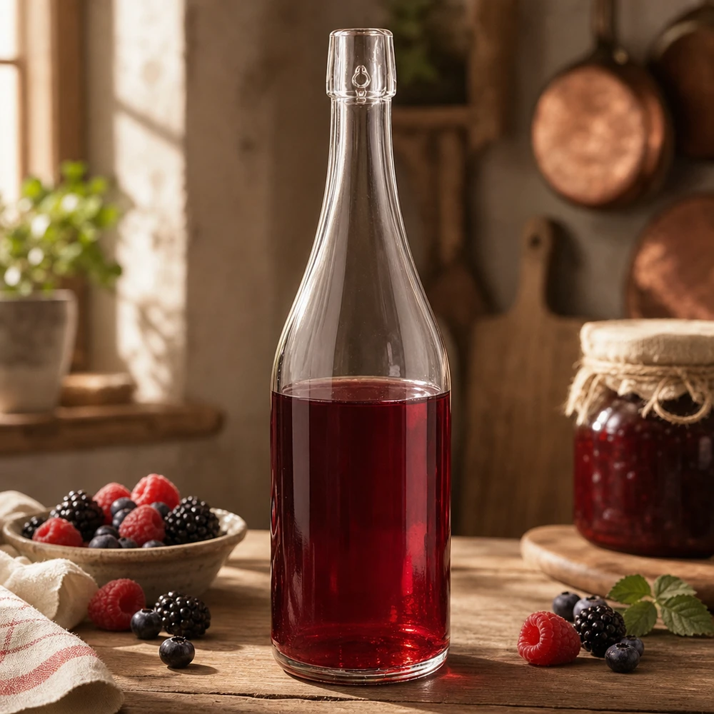 Bottiglia in vetro da 750 ml senza tappo UNiTWIST Bottiglia di vetro UNiTWIST da 750 ml riempita di succo di bacche Cucina rustica mirtilli lamponi more Applicazione