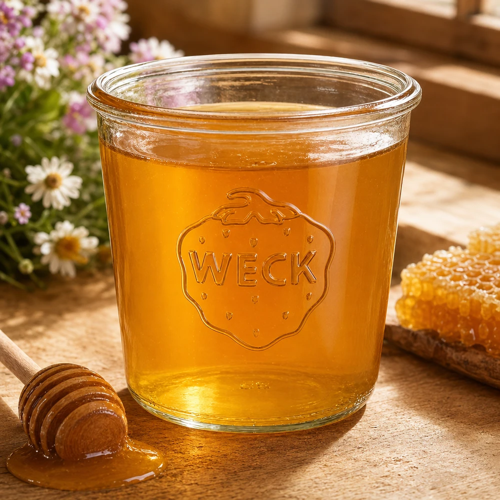 Vaso Weck 580ml RR100 riempito di miele su un tavolo di legno con cucchiaio per il miele e vasetto di conservazione a nido d'ape