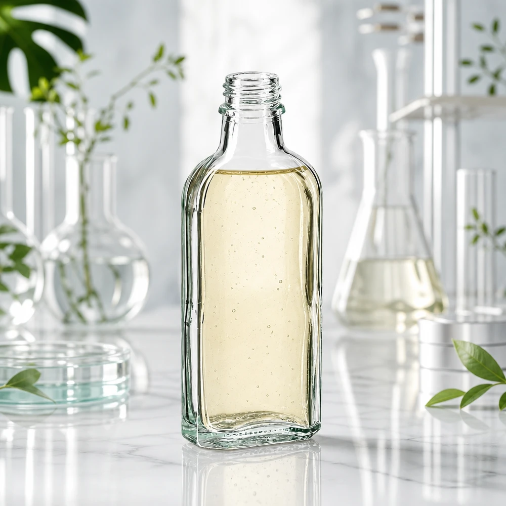 Flacone Meplat da 100 ml trasparente, riempito con un liquido giallastro e dotato di filettatura DIN 22, in ambiente di laboratorio