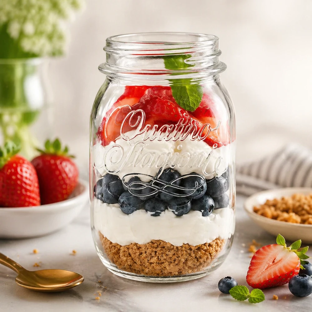 Vasetto casalingo Quattro Stagioni da 500 ml riempito con un dessert a strati di base di biscotti, yogurt, mirtilli e fragole