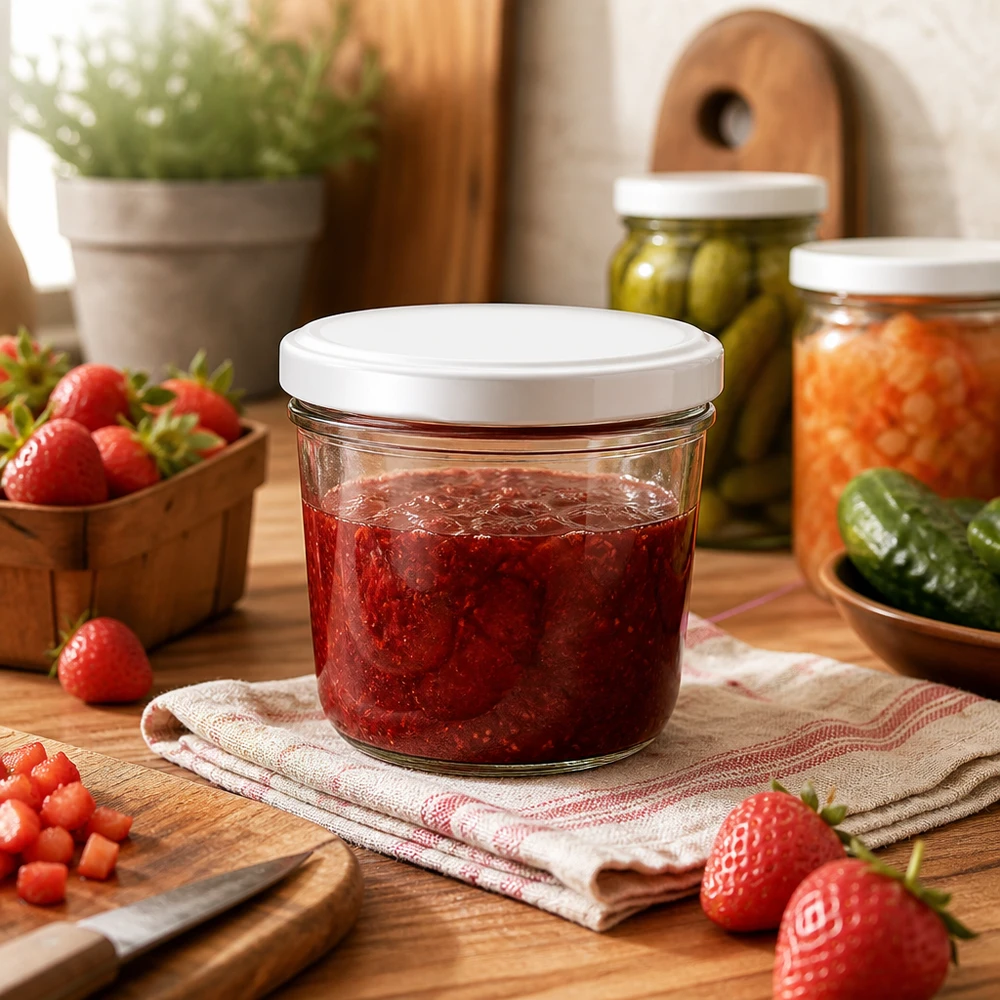 Bicchieri da 230 ml con coperchio BasicSeal bianco UNiTWIST Barattolo mason da 230 ml con marmellata di fragole in una cucina accogliente - barattolo ideale per la conservazione di marmellate fatte in casa