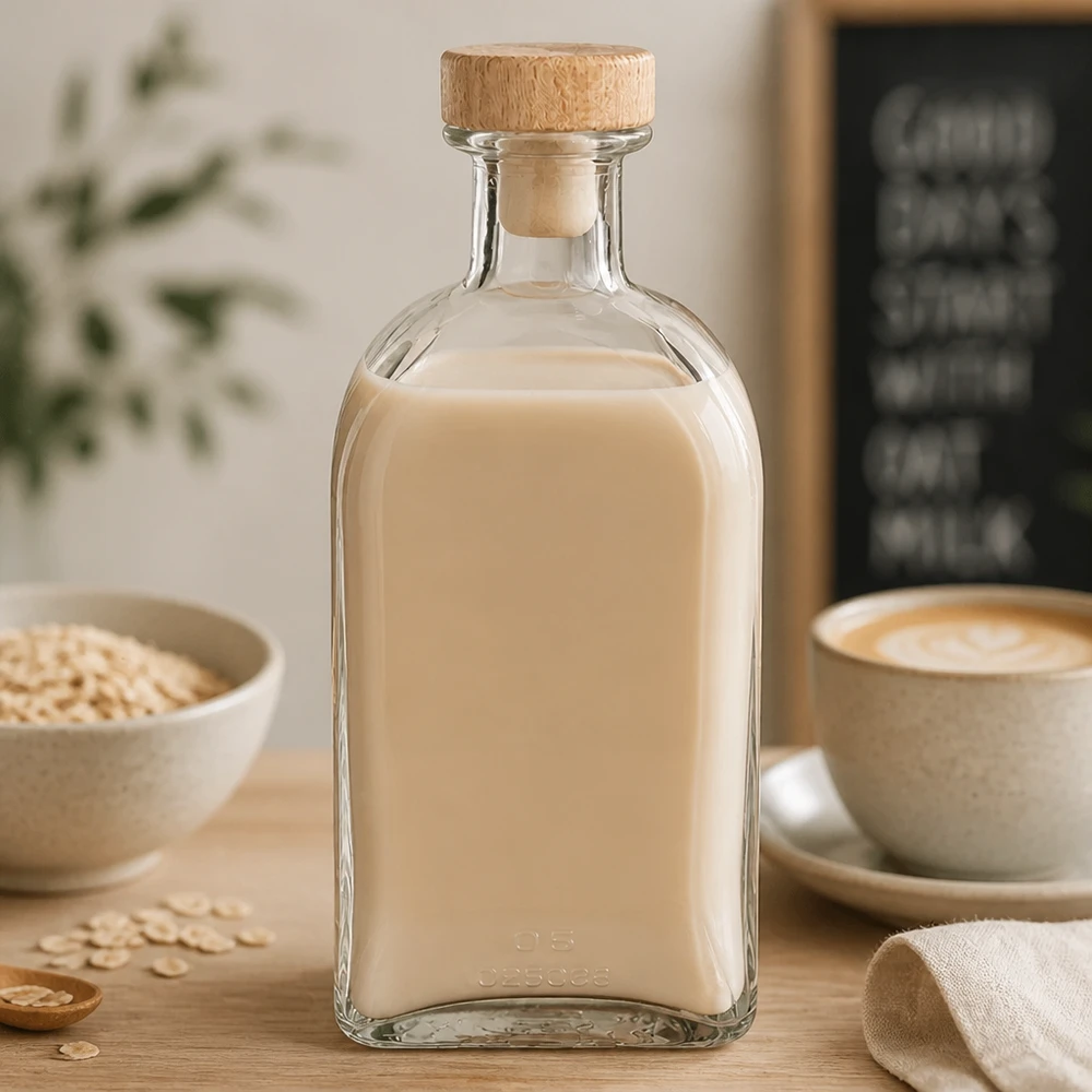 Flacone farmaceutico da 500 ml Julia con tappo in sughero con impugnatura in legno UNiTWIST® Bottiglia di vetro Julia da 500 ml con tappo di legno riempita di latte d'avena in cucina, accanto a tazza da caffè e fiocchi d'avena