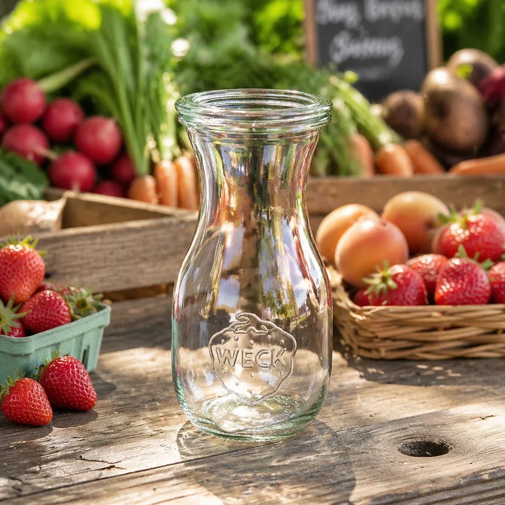 Bottiglia per succhi da 290 ml con coperchio in vetro WECK RR60 Bottiglia di succo WECK 290ml RR60 trasparente su un tavolo di legno rustico tra fragole, ravanelli e verdure fresche