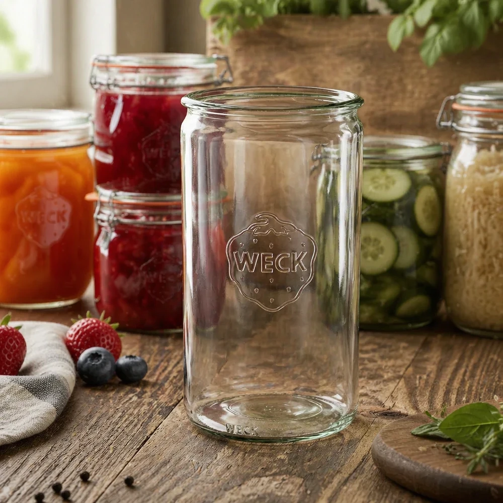 Barattolo cilindrico in vetro WECK RR100 da 1590 ml Vaso cilindrico WECK RR100 1590ml trasparente su tavolo di legno con barattoli di marmellata e conserve sullo sfondo