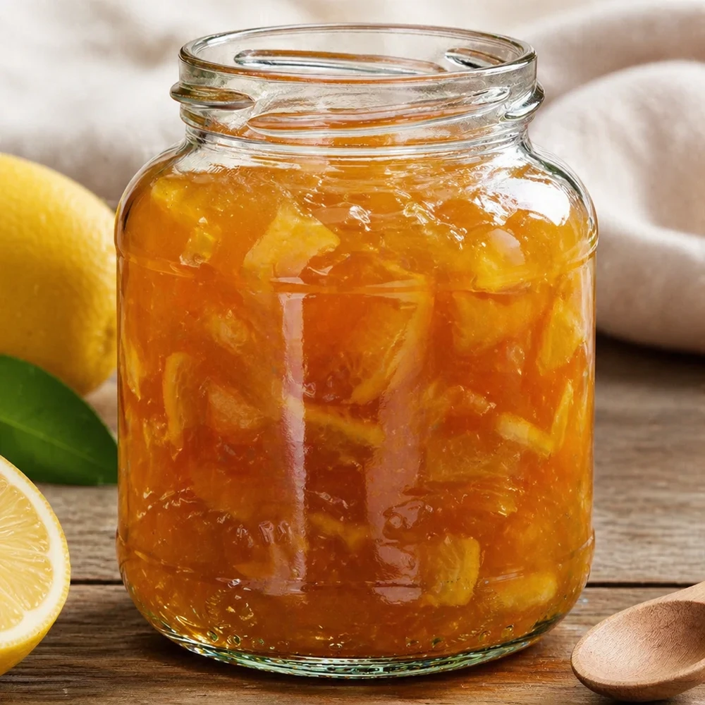 UNiTWIST Oval370 - Vaso ovale capacità 370ml TO66 UNiTWIST Oval370 barattolo di marmellata da 370 ml riempito con marmellata di arance e limone su una base di legno