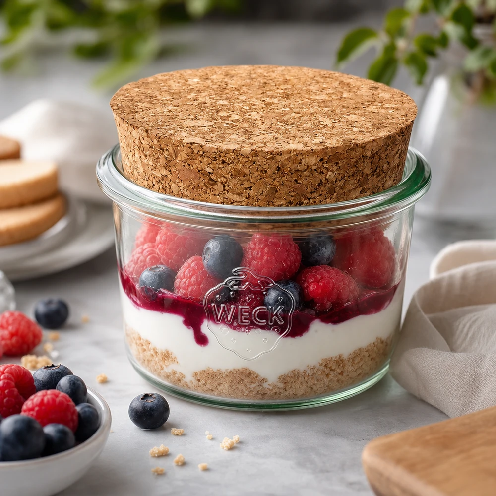 WECK tumbler 80ml RR60 con tappo in sughero come vaso da dessert per il tiramisù ai frutti di bosco a strati perfettamente porzionato