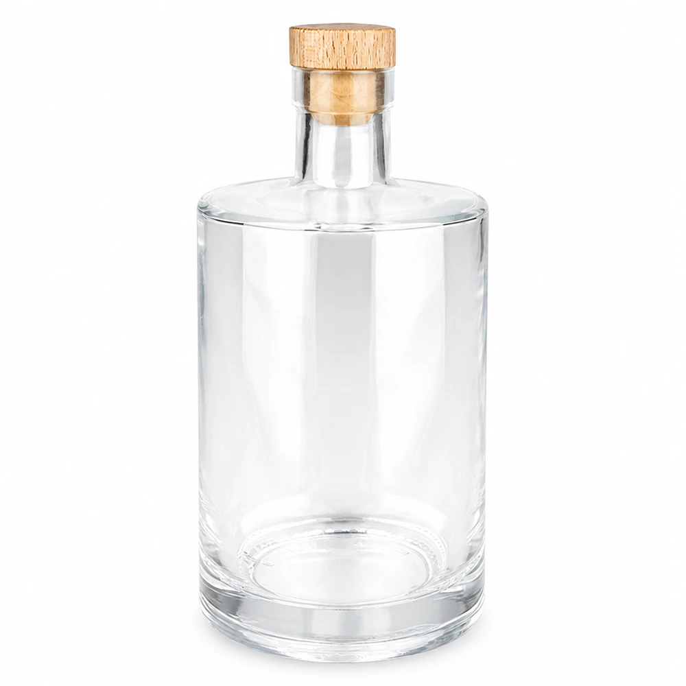 Bottiglia in vetro da 700 ml Marie con tappo in sughero con impugnatura in legno UNiTWIST® Bottiglia di vetro da 700 ml Marie con manico in legno e tappo in sughero UNiTWIST vuota trasparente su sfondo bianco
