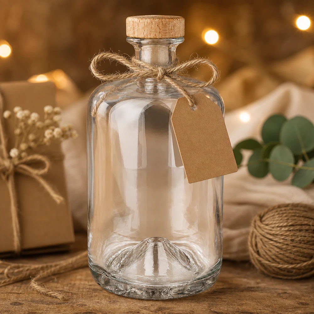 Bottiglia in vetro Sofia da 700 ml con tappo in sughero e targhetta regalo in decorazione rustica con iuta e luci fiabesche