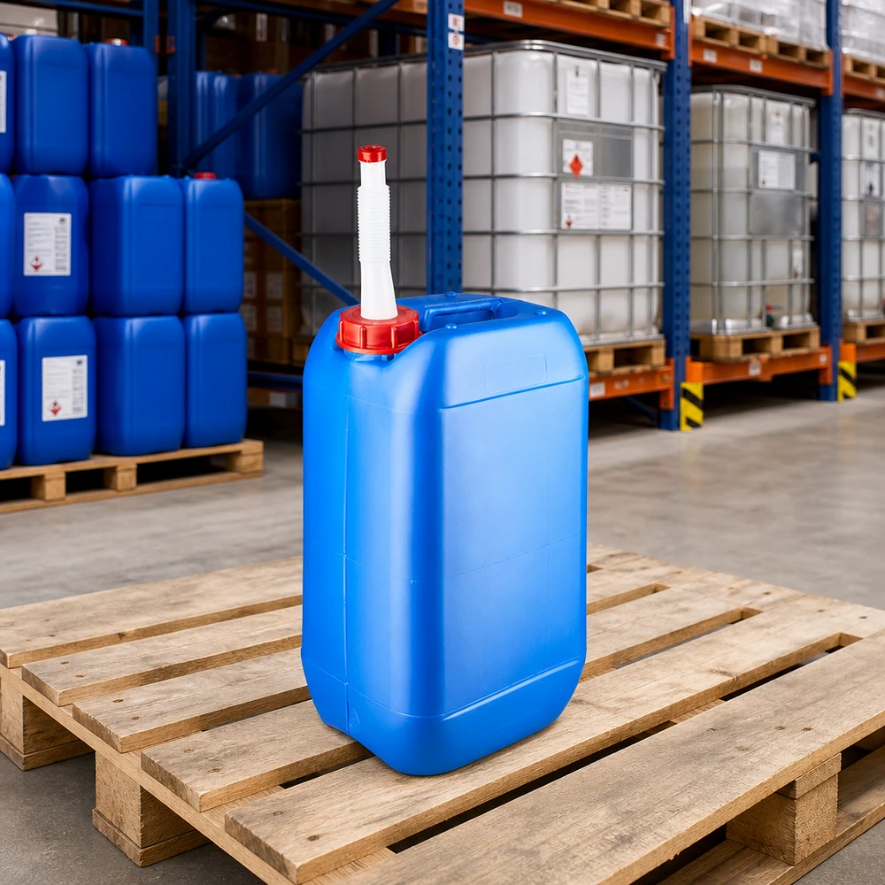 Tanica 15 litri blu con tubo di uscita Flex Tanica rettangolare da 15 litri di colore blu con beccuccio flessibile bianco, su pallet di legno in magazzino