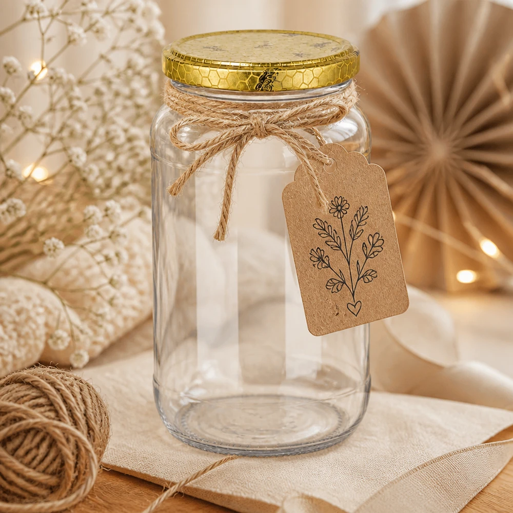 Barattolo rotondo da 1062 ml + coperchio BasicSeal a nido d'ape UN... Barattolo rotondo da 1062 ml vuoto con coperchio dorato a nido d'ape e etichetta regalo Decorazione rustica filato artigianale