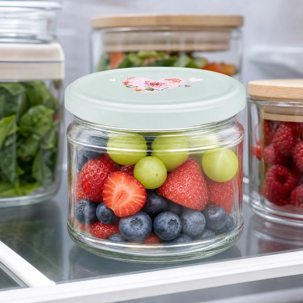 Barattolo rotondo da 330 ml + coperchio BasicSeal cuore menta UNiTWIST 330ml Rundglas frisches Obst Erdbeeren Heidelbeeren Trauben BasicSeal Deckel Herzmotiv mint Kühlschrank Frischhaltung