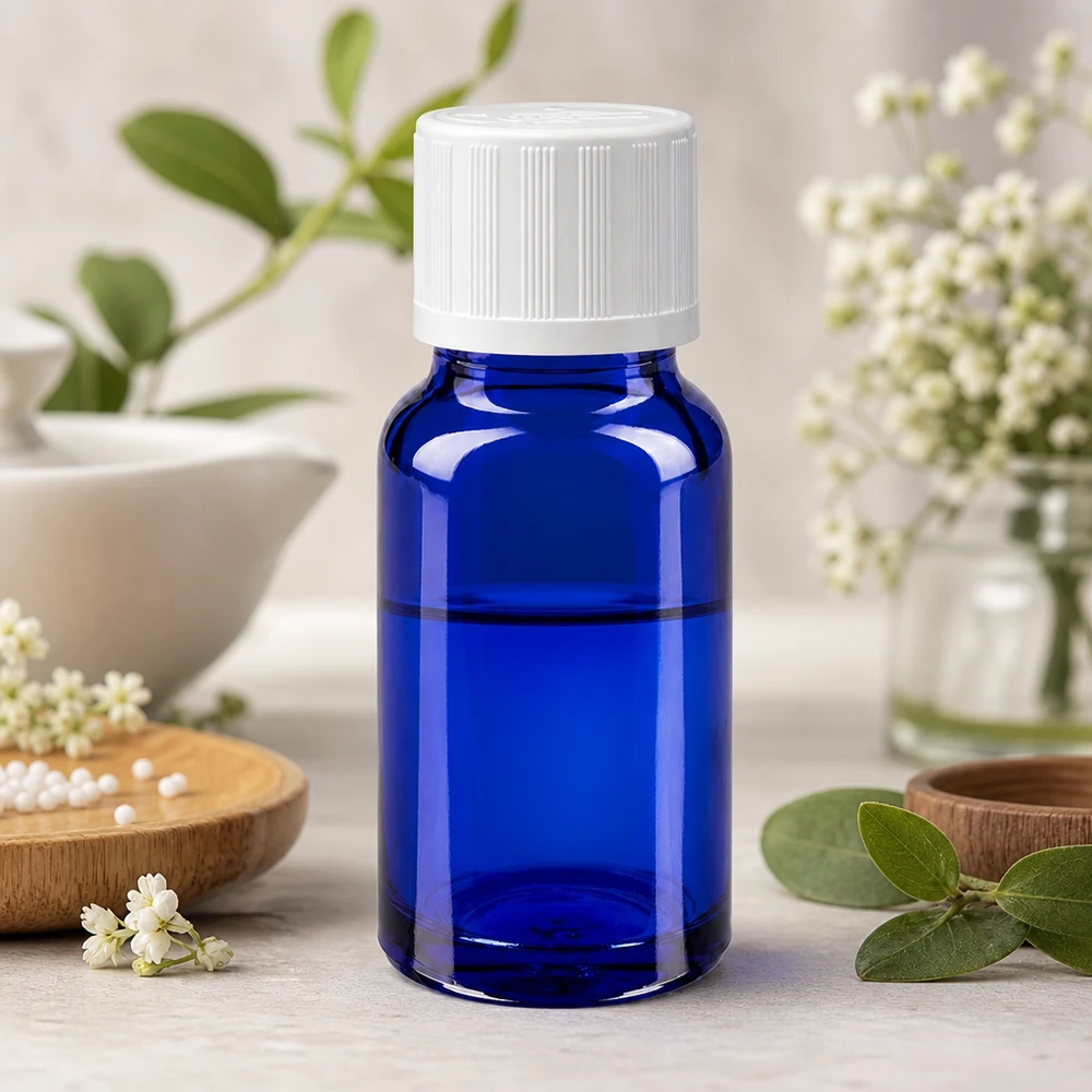 Contagocce blu da 10ml. STD KiSi bianco/1,2mm ApoGlas Flacone contagocce blu da 10 ml con tappo di sicurezza per bambini bianco, tra piante aromatiche e fiori