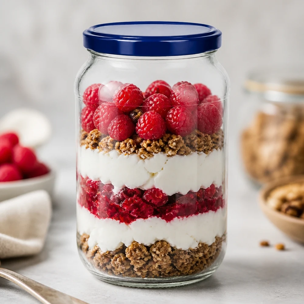 Barattolo rotondo da 1062 ml + coperchio BasicSeal blu UNiTWIST Barattolo rotondo da 1062 ml Coperchio BasicSeal blu UNiTWIST dessert parfait a strati dessert yogurt frutti di bosco dessert granola