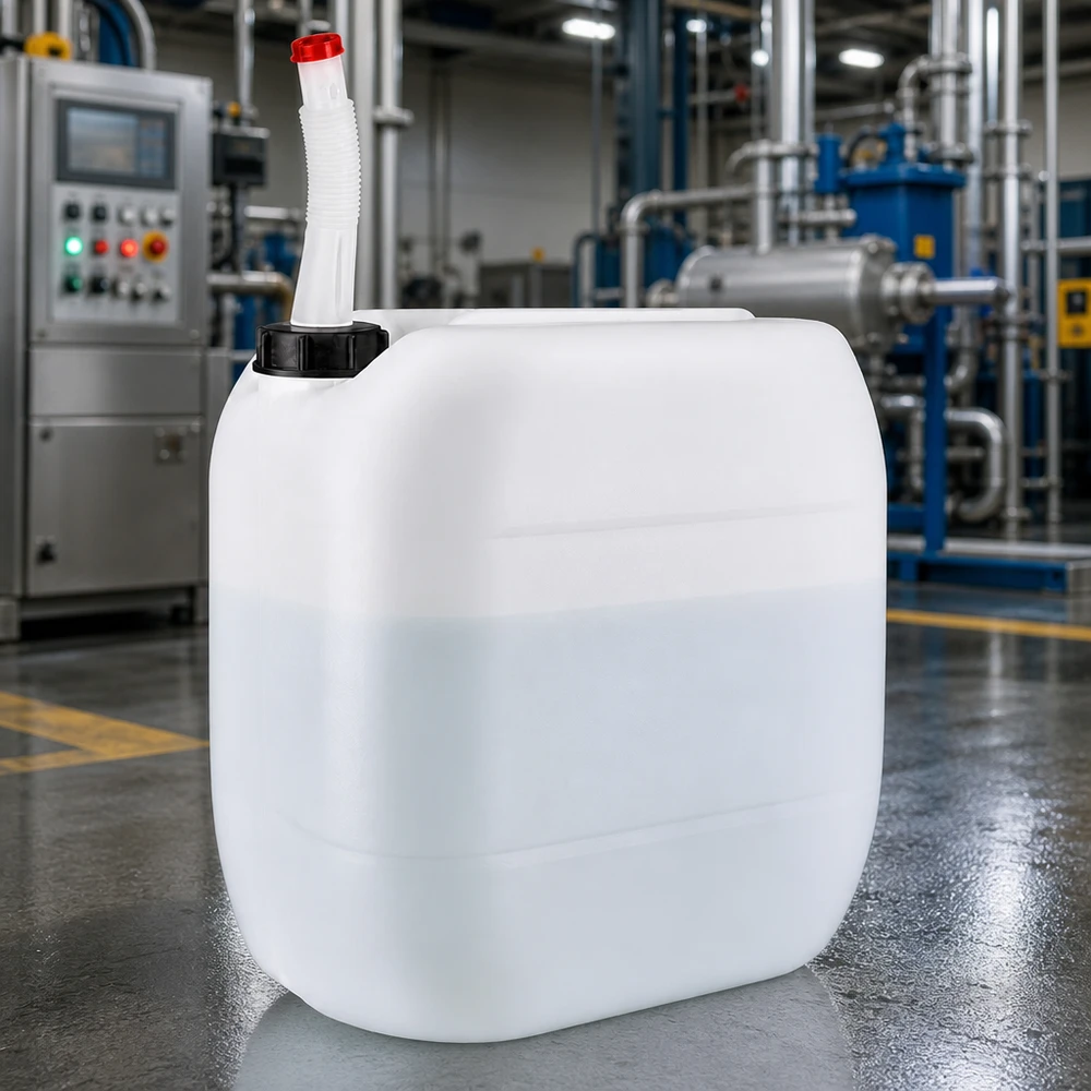 Tanica industriale da 30 litri con tubo di scarico flessibile in uso davanti a un impianto di produzione