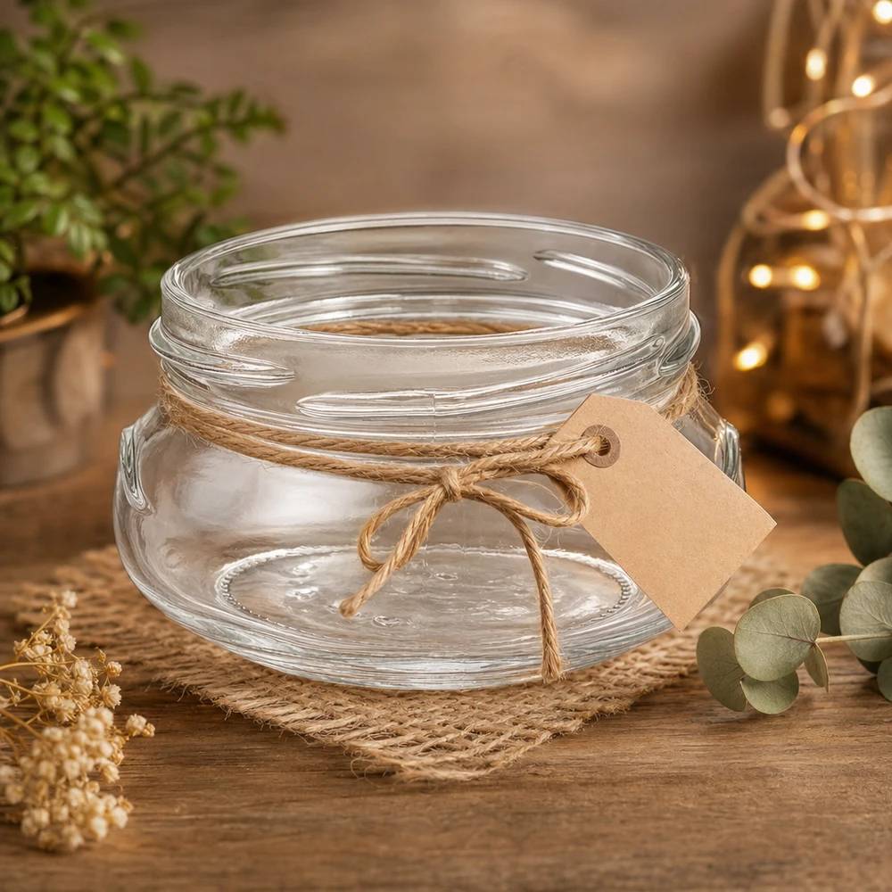 UNiTWIST Terrina120 - Vaso per terrine, capacità 120ml TO70 UNiTWIST Terrina120 vaso per conserve 120ml TO70 con cordino di iuta ed etichetta su tavolo in legno decorazione rustica