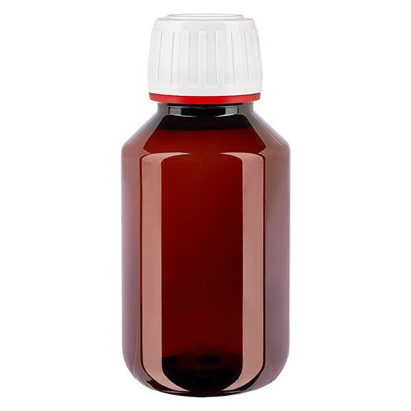 Bottiglia in PET da 100 ml con tappo bianco antimanomissione, finemente scanalata Bottiglia in PET da 100 ml con tappo bianco antimanomissione, finemente scanalata