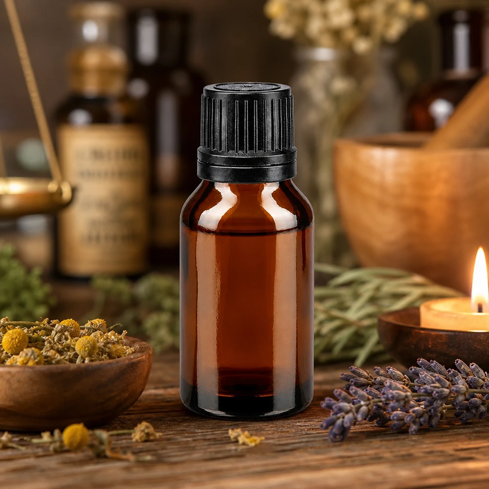 Bottiglia da farmacia marrone 15ml con tappo contagocce. Pr. 1mm nero OV Flacone da farmacia da 15 ml, marrone, con tappo a vite nero e contagocce, accanto a erbe aromatiche e una candela
