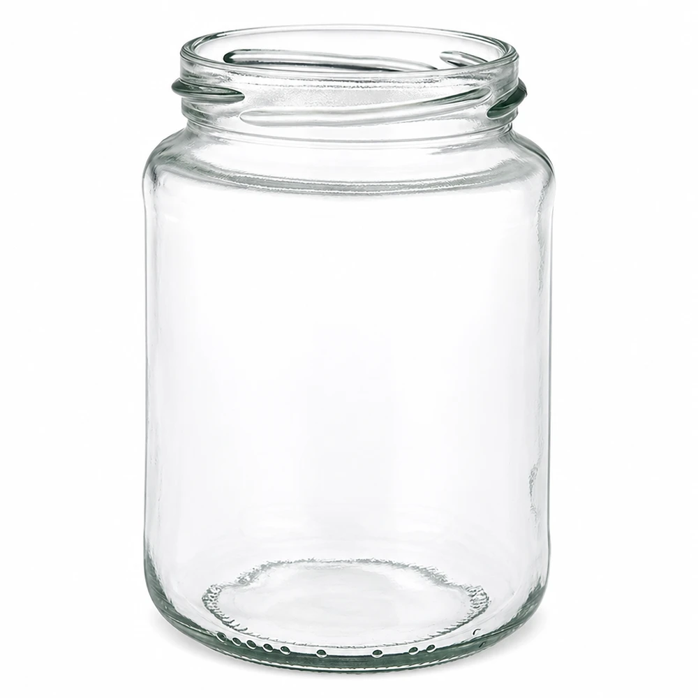 UNiTWIST Runda382 - Barattolo rotondo capacità 382ml TO66 UNiTWIST Runda382 vuoto in vetro rotondo 382ml con filo TO66 trasparente su sfondo bianco