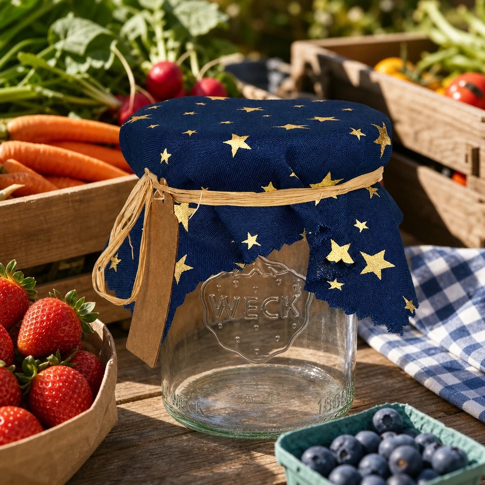 Centrino decorativo blu con stelle dorate su un barattolo Weck circondato da frutta e verdura fresca 15 cm quadrati