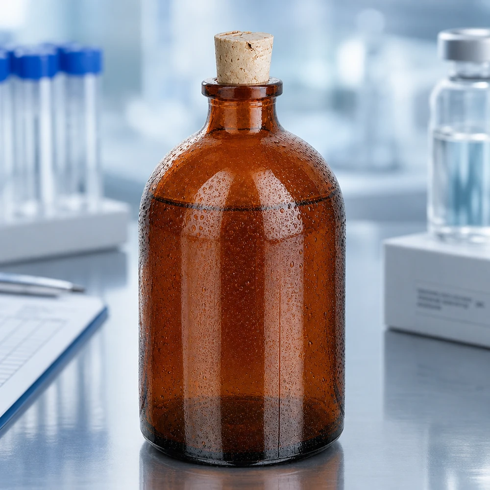Bottiglia in vetro ambrato 100ml con tappo 11/14mm Robuste Reagenzflasche 100ml aus braunem Borosilikatglas mit traditionellem Korkstopfen